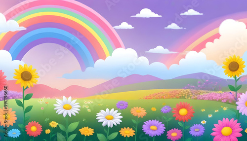 colorful landscape with a rainbow field background kids child