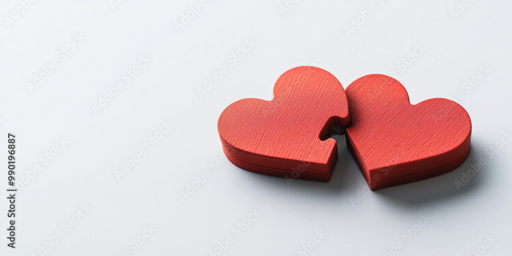 Two red heart shaped puzzle pieces fitting perfectly together symbolize love and connection. This image evokes feelings of unity and harmony Two red heart shaped puzzle pieces fitting perfectly together symbolize love and connection. This image evokes feelings of unity and harmony