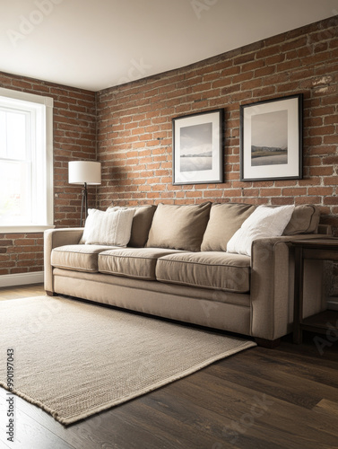 Cozy living room with a beige sofa, modern decor, and exposed brick walls, featuring neutral artwork and warm lighting