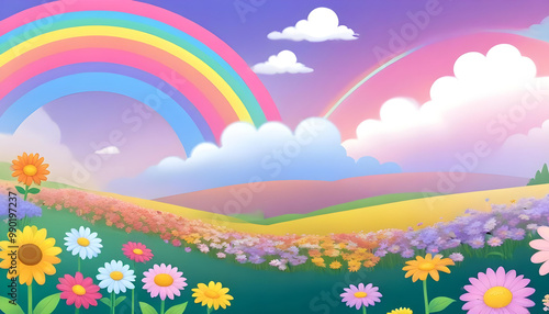 colorful landscape with a rainbow field background kids child