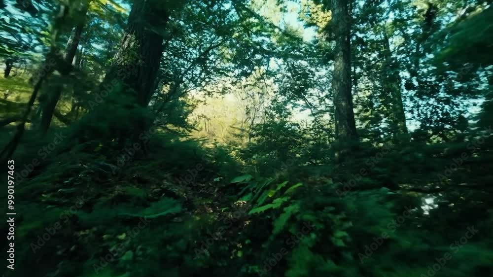 Sunlight breaks through the dense canopy of a vibrant forest, illuminating various shades of green as ferns and trees create a serene atmosphere Sunlight breaks through the dense canopy of a vibrant forest, illuminating various shades of green as ferns and trees create a serene atmosphere