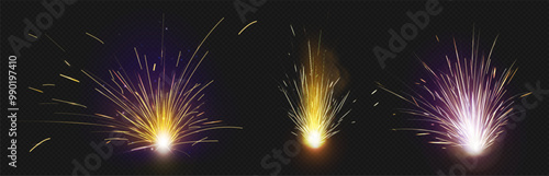 Yellow sparkling light effects set isolated on transparent background. Vector realistic illustration of bright burning firework, welding fire, holiday party, birthday celebration, festival firecracker