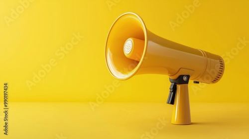 Yellow megaphone or bullhorn with lines over yellow background, business announcement or communication concept photo