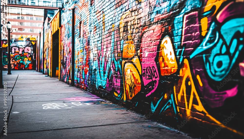 Obraz premium A graffiti-covered urban wall, showcasing vibrant colors, bold lines, and an edgy, artistic vibe