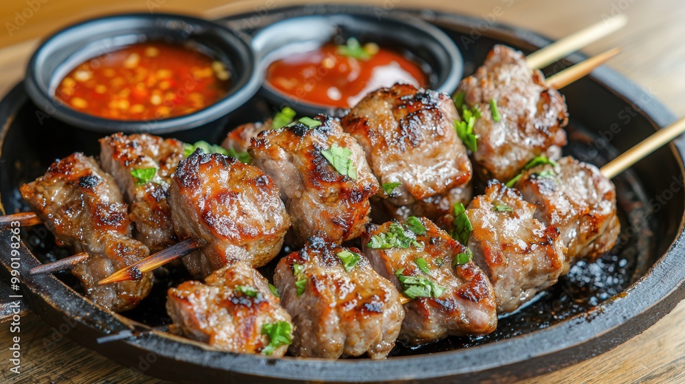 Savory skewers of grilled meat, garnished with herbs, served with dipping sauces, perfect for a delicious meal or snack. Savory skewers of grilled meat, garnished with herbs, served with dipping sauces, perfect for a delicious meal or snack.