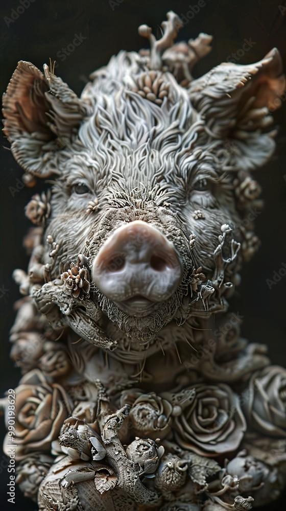 Obraz premium Detailed Pig Sculpture with Floral Accents