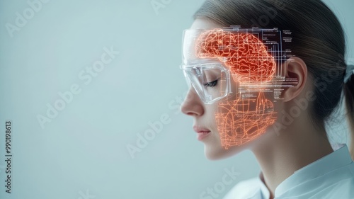 Futuristic medical device scanning a patient s head, neural pathways and nausea-inducing areas glowing, symbolizing headache diagnosis photo