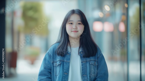 Teen Asian Girl in Casual Denim Jacket Smiling Outdoors on a Sunny Day, Perfect for Lifestyle, Magazine and Blog Design