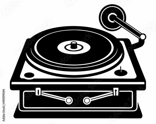 Retro Vinyl Record Player Silhouette with Spinning Disc and Tonearm.