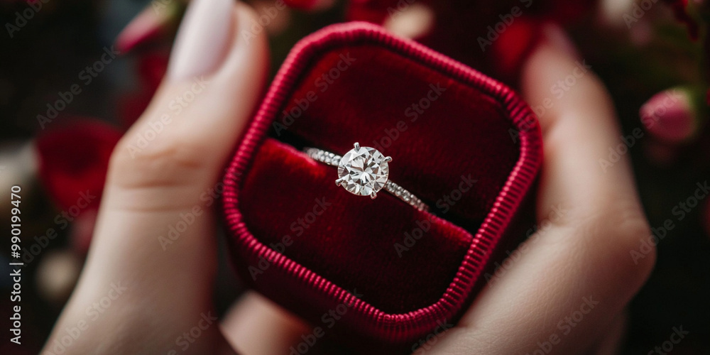 close up of hand holding opened red velvet ring box, showcasing stunning diamond engagement ring. elegant design and sparkling gem evoke feelings of love and commitment close up of hand holding opened red velvet ring box, showcasing stunning diamond engagement ring. elegant design and sparkling gem evoke feelings of love and commitment