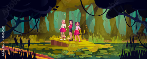 Teen girls standing on stone island on swamp with crocodiles in forest. Cartoon vector illustration of spooky scary woodland landscape with trees and reed, moss and lichen, water in pond and animals.