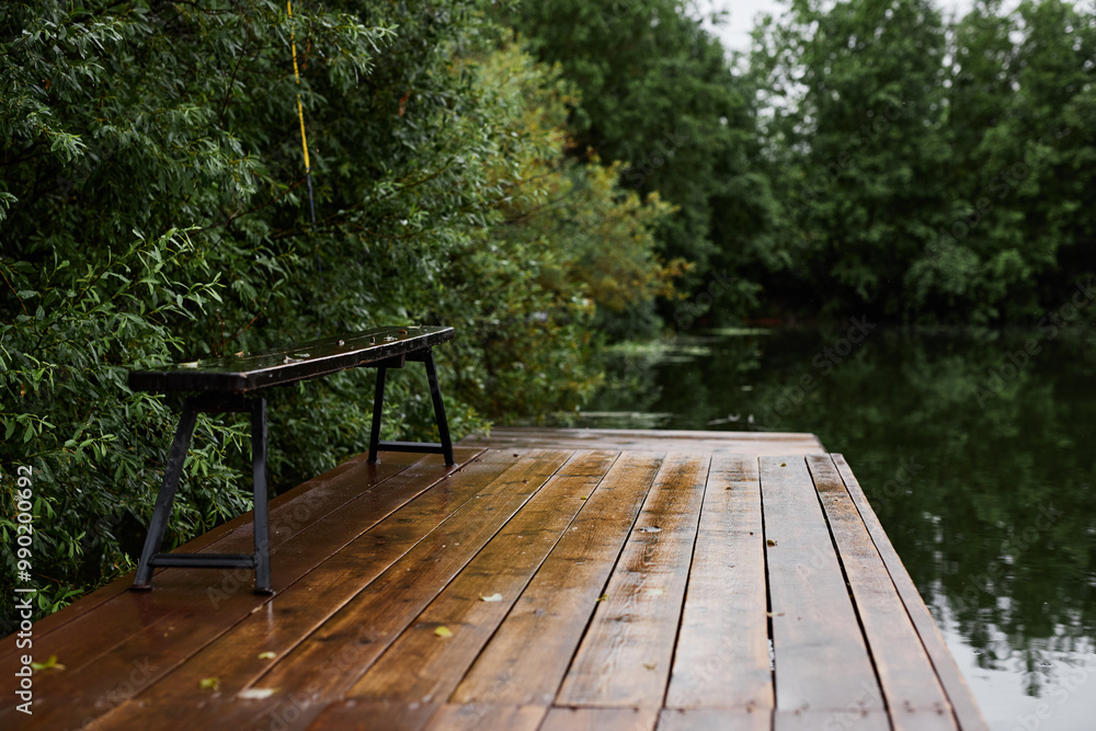 Background image of wooden pier deck with beautiful lake scenery on rainy day in forest copy space Background image of wooden pier deck with beautiful lake scenery on rainy day in forest copy space