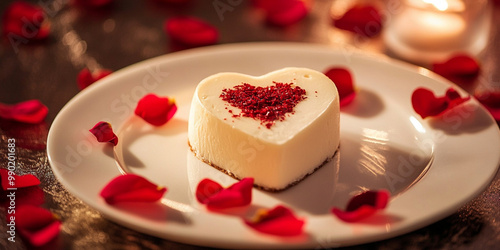 romantic heart shaped cake adorned with red rose petals creates delightful and intimate atmosphere. Perfect for celebrations or special occasions, this dessert is sure to impress