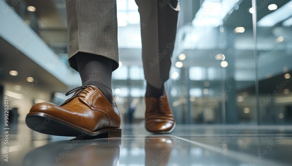 Fototapeta premium Feet of a businessman rushing in office corridor or open space because he is late to a meeting , man wearing brown suit show walking in modern office building