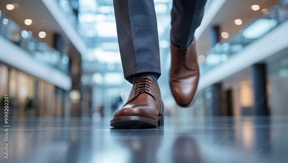 Fototapeta premium Feet of a businessman rushing in office corridor or open space because he is late to a meeting , man wearing brown suit show walking in modern office building