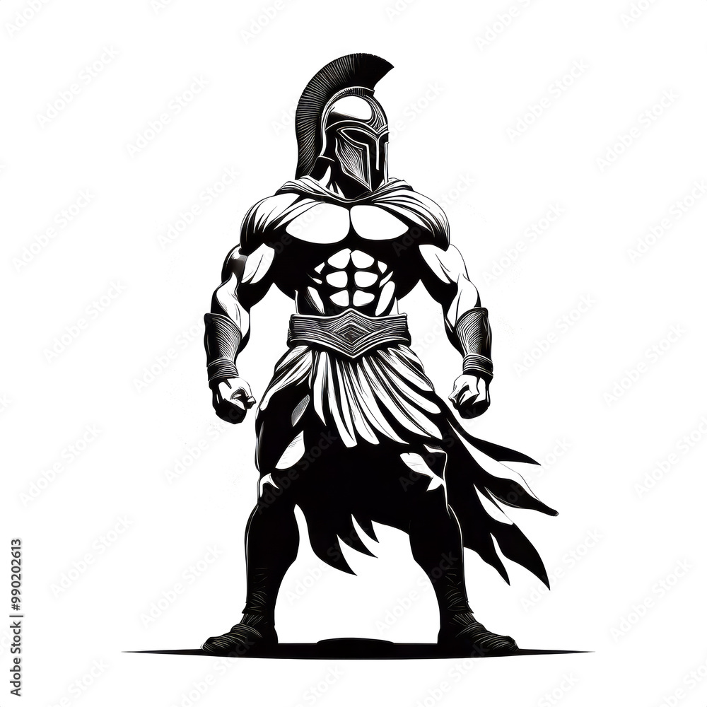 Obraz premium High-Resolution Illustration of a Muscular Spartan Warrior with a Unique Helmet, Transparent PNG