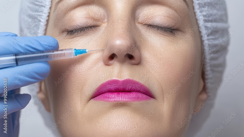 Surgeon applying dermal fillers to a middle-aged woman, restoring volume to cheeks and lips for a youthful glow, dermal fillers, youth restoration procedure Surgeon applying dermal fillers to a middle-aged woman, restoring volume to cheeks and lips for a youthful glow, dermal fillers, youth restoration procedure