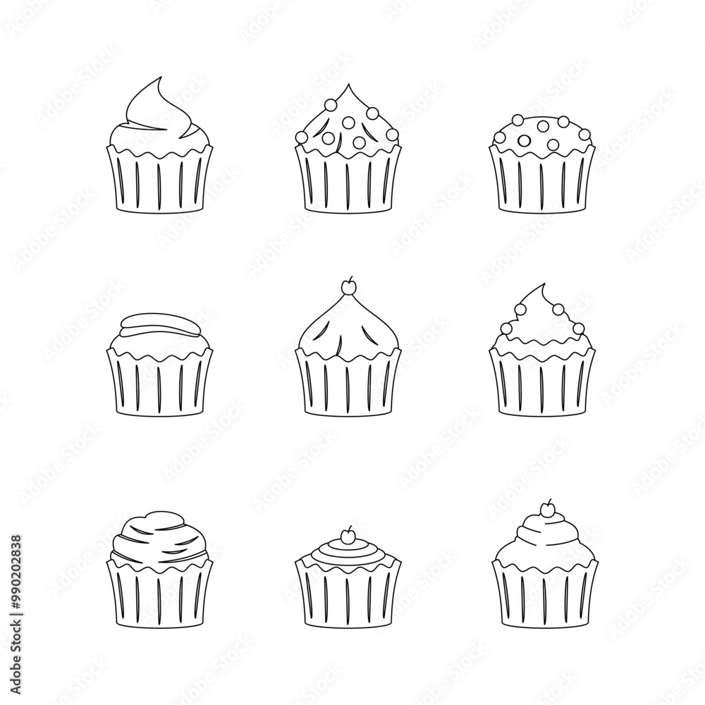 Cupcake doodle line sign icon collection. outline style. isolated illustration