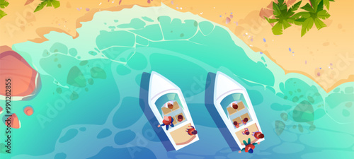 Top view of boats in sea harbor. Vector cartoon illustration of people on board of motor vessels floating on blue water waves, palm trees on sandy beach, tropical coast landscape, summer travel