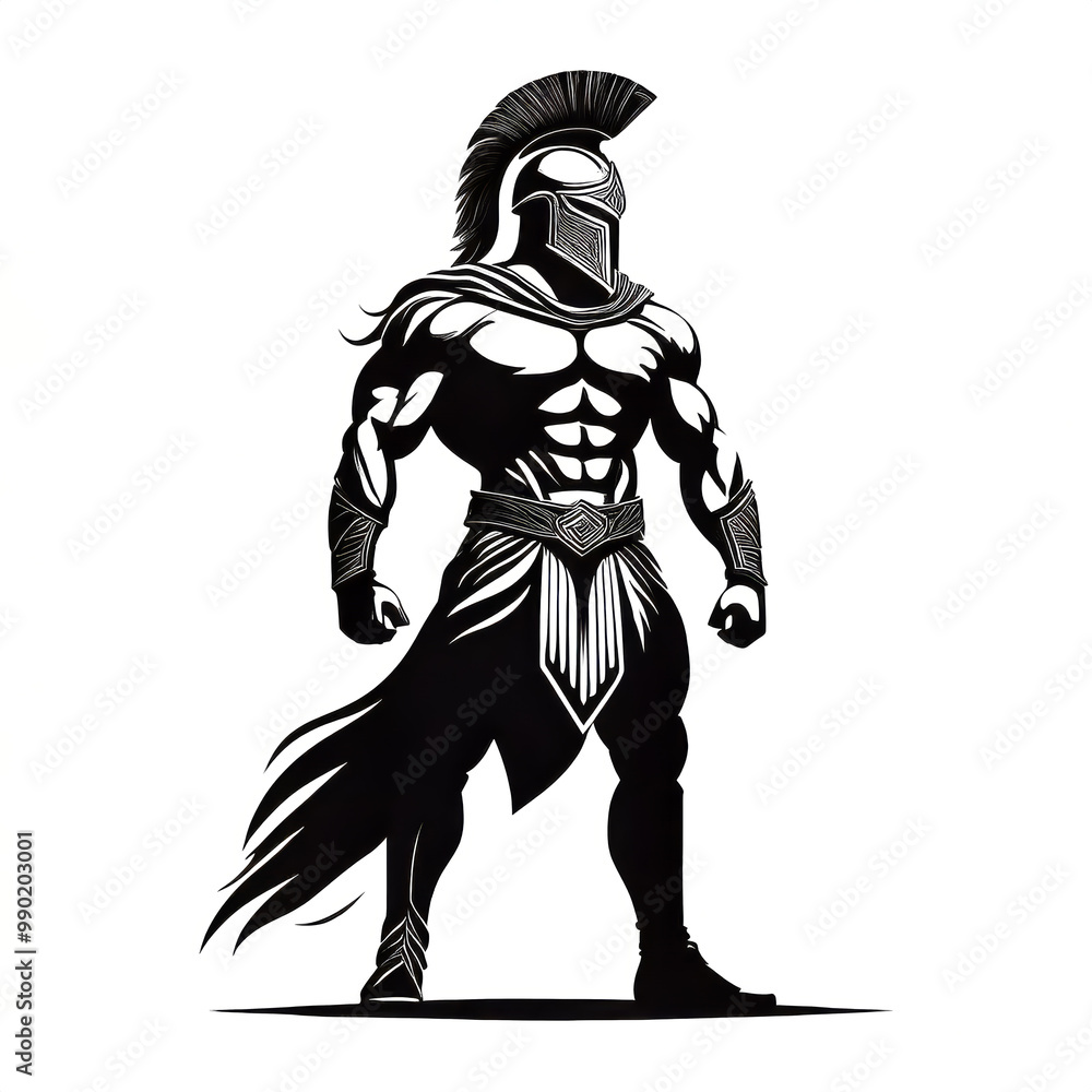 Obraz premium High-Resolution Illustration of a Muscular Spartan Warrior with a Unique Helmet, Transparent PNG