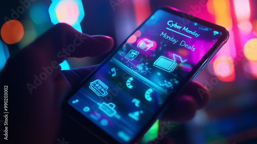 Cyber Monday online deals displayed on a smartphone screen, neon background