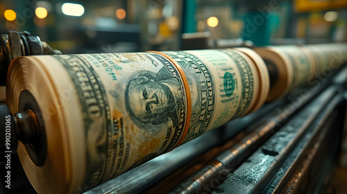 A Close-Up of U.S. Dollar Bills Being Printed on the Press 