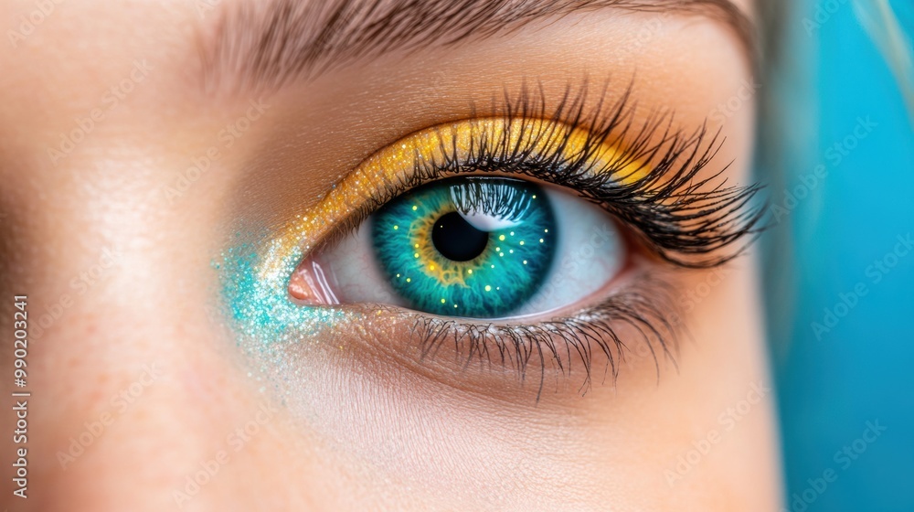 Obraz premium A close up of a woman's eye with bright blue and yellow makeup, AI