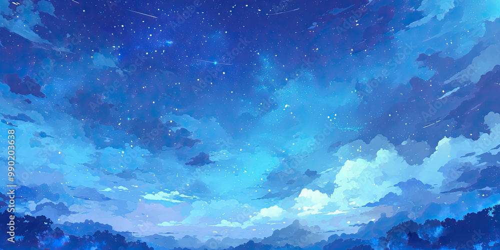 Obraz premium Blue hour anime sky background, stars cartoon style blue skies white clouds, cloudscape, night skyscape illustration wallpaper, generated ai