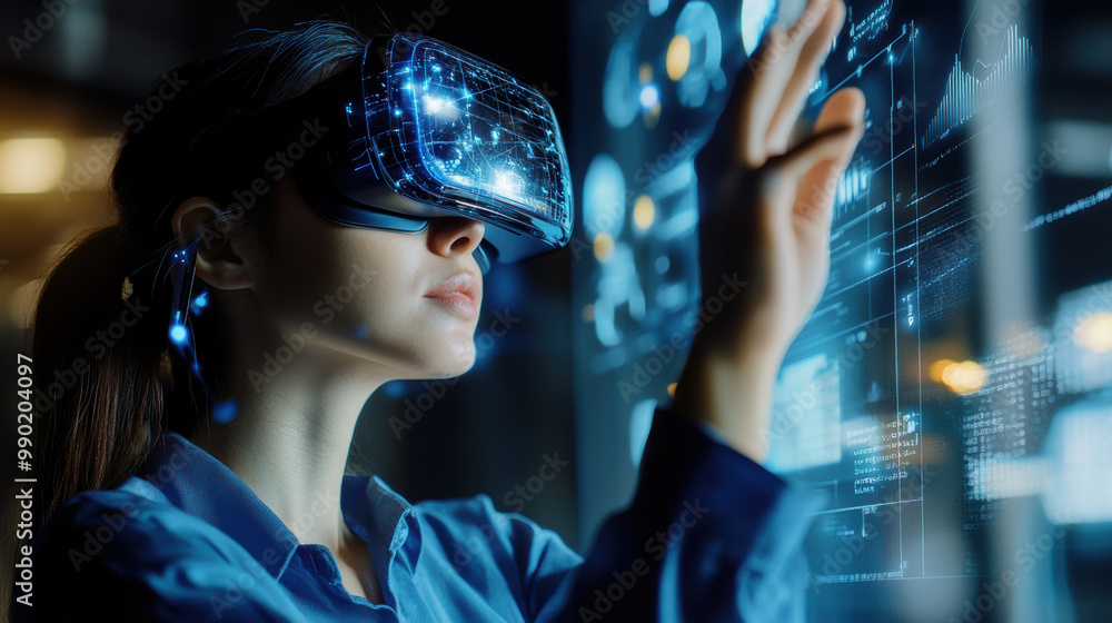 Immersed in virtual reality experience, woman interacts with digital data using advanced VR technology. Her focused expression highlights innovative nature of augmented reality Immersed in virtual reality experience, woman interacts with digital data using advanced VR technology. Her focused expression highlights innovative nature of augmented reality