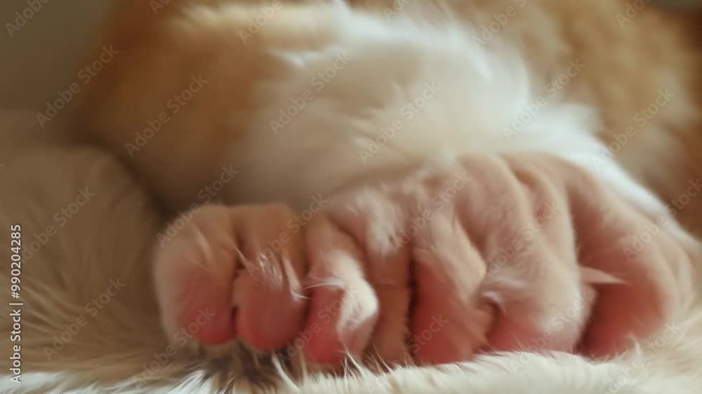 An orange cat's paw, featuring pink pads and soft fur, is gently resting on a plush, fluffy surface, creating an atmosphere of comfort and warmth An orange cat's paw, featuring pink pads and soft fur, is gently resting on a plush, fluffy surface, creating an atmosphere of comfort and warmth
