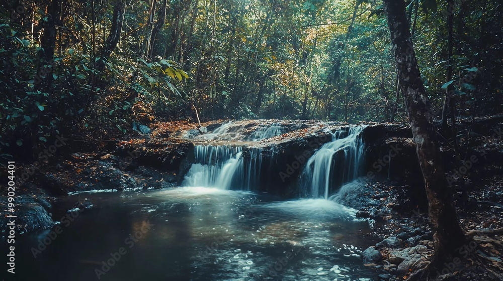 Fototapeta premium Panoramic beautiful deep forest waterfall in Thailand which is very impressive
