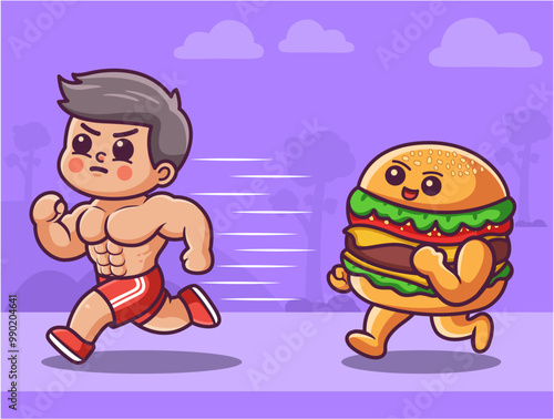 Illustration of a man with a six pack running because he was chased by a burger, he prefers sports and dumbbell training, making him fitter and healthier