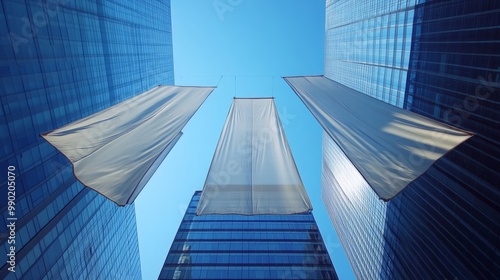 Protective canvas tarpaulins hanging from a modern skyscraper's renovation, designed to prevent debris from falling onto the busy street below photo