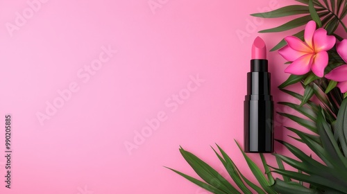 A stylish pink lipstick placed amongst vibrant tropical flowers on a soft pink background.