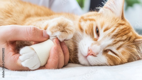 A person holding a cat with an injured paw on their lap, AI photo