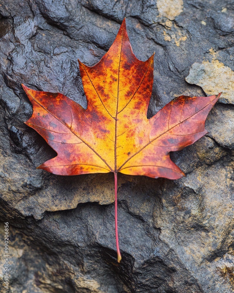 Obraz premium A single, vibrant orange and red maple leaf rests on a rough, gray rock surface, capturing the essence of autumn.
