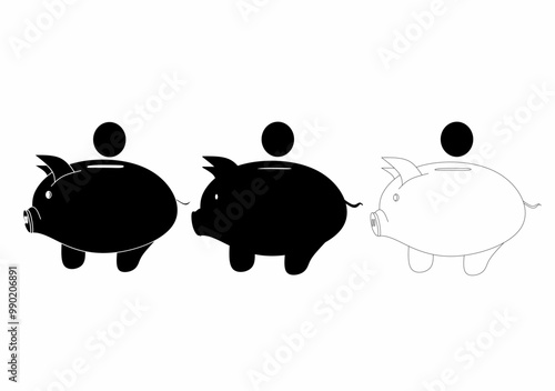 The image shows three piggy banks in a horizontal row. The first two are completely black with minimal white highlights, while the third one is an outlined, unfilled piggy bank.