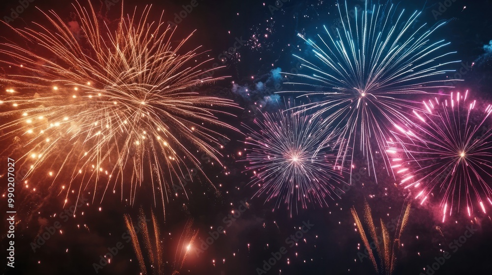 Fototapeta premium fireworks bursting in the night sky with a dark, clear background, leaving space at the bottom for countdown text or logos