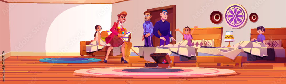 Male burglar dressed in women clothes with treasure chest in hands standing caught by two men and teenage kids in hotel room with beds and sofa. Cartoon vector illustration of robber found red-handed. Male burglar dressed in women clothes with treasure chest in hands standing caught by two men and teenage kids in hotel room with beds and sofa. Cartoon vector illustration of robber found red-handed.
