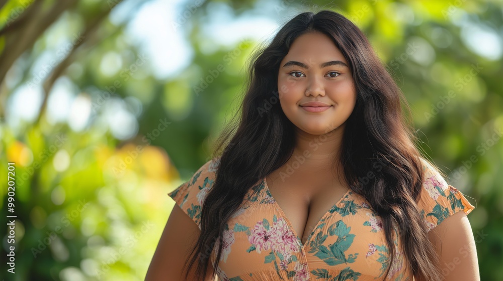 Teenage Pacific Islander Girl in Floral Dress Posing Outdoors with Lush Greenery Background for Diverse Stock Photography Teenage Pacific Islander Girl in Floral Dress Posing Outdoors with Lush Greenery Background for Diverse Stock Photography
