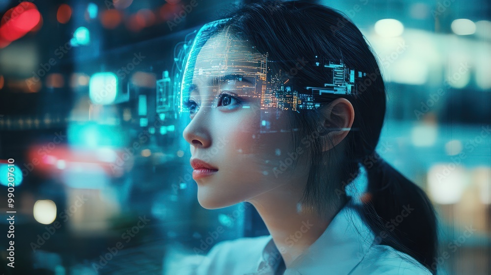 Generative ai collage photo of business lady using modern technology personal information storage in head Generative ai collage photo of business lady using modern technology personal information storage in head