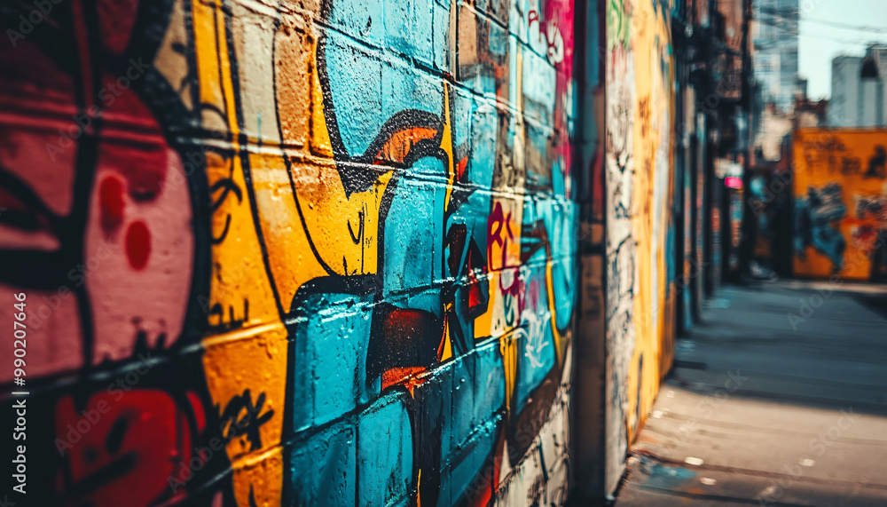 Obraz premium A graffiti-covered urban wall, showcasing vibrant colors, bold lines, and an edgy, artistic vibe