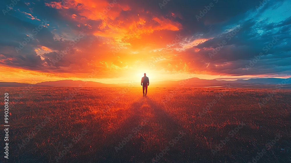 Fototapeta premium good and bad determination A solitary figure walks toward a vibrant sunset, surrounded by a vast landscape, evoking feelings of peace and reflection.