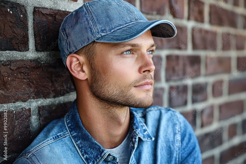 Portrait of a young handsome trendy man wearing a cap of blue jeans color Portrait of a young handsome trendy man wearing a cap of blue jeans color
