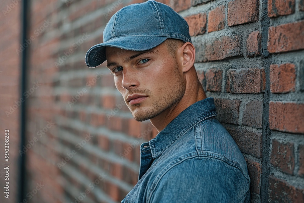 Portrait of a young handsome trendy man wearing a cap of blue jeans color Portrait of a young handsome trendy man wearing a cap of blue jeans color