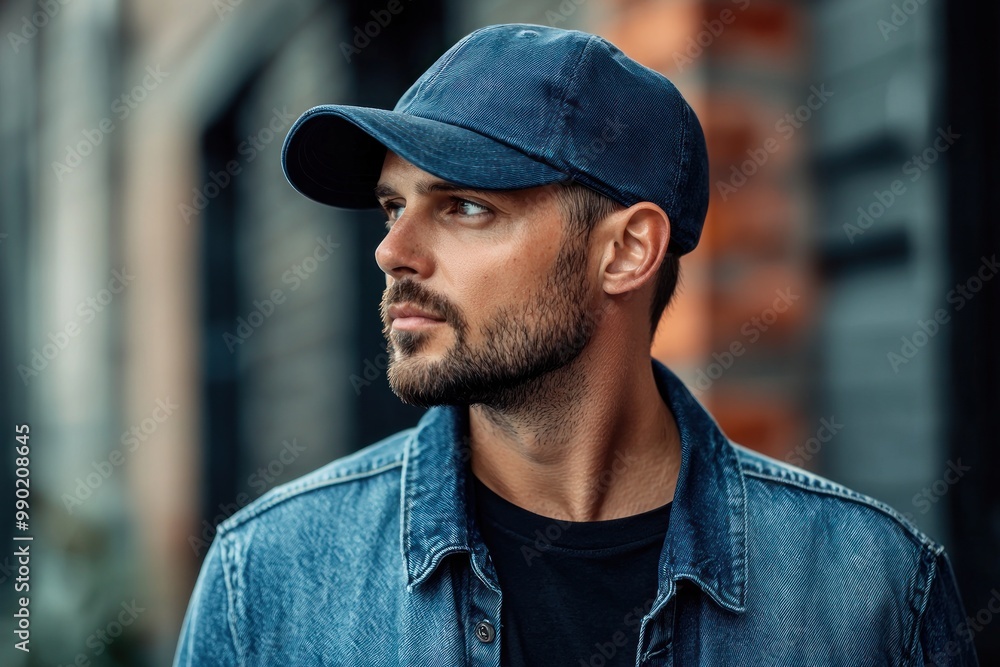Portrait of a young handsome trendy man wearing a cap of blue jeans color Portrait of a young handsome trendy man wearing a cap of blue jeans color