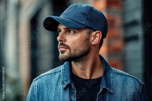 Portrait of a young handsome trendy man wearing a cap of blue jeans color