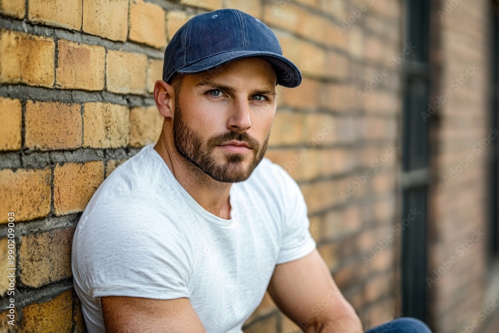 Portrait of a young handsome trendy man wearing a cap of blue jeans color Portrait of a young handsome trendy man wearing a cap of blue jeans color