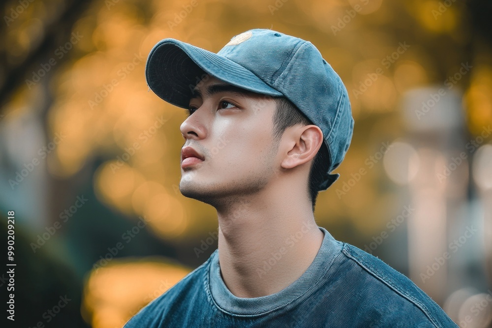 Portrait of a young handsome trendy man wearing a cap of blue jeans color Portrait of a young handsome trendy man wearing a cap of blue jeans color