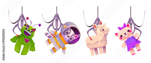 Grabber slot machine robotic claw with plush toys. Vending arcade game crane with mechanical arm holding prize. Cartoon vector illustration set of amusement park catch and pick automat element.